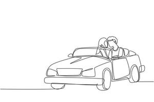 une ligne continue dessinant un couple arabe romantique en voiture partant en voyage sur la route. joyeux homme et femme conduisant en voiture cabriolet. voyage de vacances d'été en couple. graphique vectoriel de conception de dessin à une seule ligne