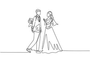 un seul dessin au trait l'homme donne des fleurs à la femme. jeune homme donnant à la femme un bouquet de fleurs le jour du mariage. heureux couple romantique amoureux. illustration vectorielle graphique de conception de dessin en ligne continue vecteur