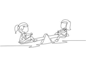une ligne continue dessinant deux petites filles se balançant sur la balançoire. les enfants s'amusent à l'aire de jeux. enfants mignons jouant à la balançoire ensemble joyeusement au parc. illustration graphique vectorielle de conception de dessin à une seule ligne vecteur