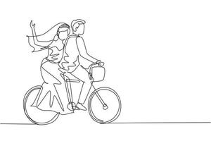 une seule ligne dessinant un couple marié heureux s'amusant à faire du vélo amoureux. vue arrière d'un couple romantique d'adolescents en vélo avec robe de mariée. vecteur graphique de conception de dessin en ligne continue