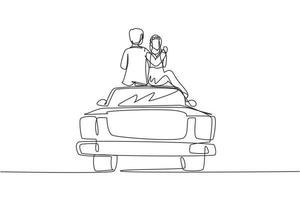une seule ligne continue dessinant des amoureux mariés heureux assis sur le toit de la voiture et regardant un paysage romantique. homme et femme avec robe de mariée célébrant la fête de mariage. une ligne dessiner vecteur de conception graphique