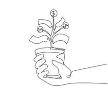 main de dessin d'une seule ligne avec de l'argent plante dans le pot. arbre d'argent. billets en espèces verts avec des pièces d'or. arbre dans un pot en céramique. illustration vectorielle graphique de conception de ligne continue moderne vecteur