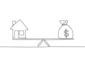 une seule ligne continue dessinant de l'argent et une maison, un prêt, une hypothèque. changer la maison en concept de trésorerie. dollar américain dans un sac. équilibrer la maison et la dette sur des échelles. une ligne dessiner illustration vectorielle de conception graphique vecteur