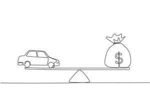 une voiture de dessin en ligne continue, un prêt automobile ou la transformation d'actifs en concept de trésorerie. modèle de voiture, billets en dollars américains dans un sac en jute sur une balance simple. illustration graphique vectorielle de conception de dessin à une seule ligne vecteur