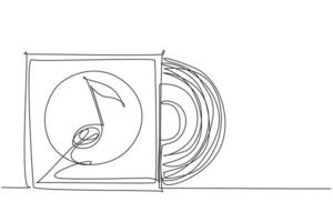 une ligne continue dessinant un disque vinyle réaliste avec une maquette de couverture. typographie avec casque et onde sonore. recueil de musique. vue de face. illustration graphique vectorielle de conception de dessin à une seule ligne vecteur