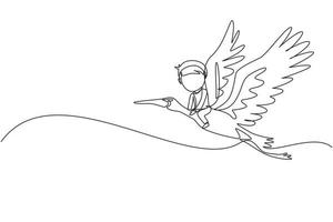 une seule ligne dessinant un petit garçon heureux volant avec une cigogne. enfant voler et assis sur le dos oiseau cigogne au ciel. les enfants apprennent à monter une jolie cigogne. illustration vectorielle graphique de conception de dessin en ligne continue vecteur