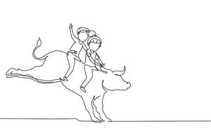 une seule ligne dessinant un enfant mignon heureux garçon et fille chevauchant un taureau mignon ensemble. enfants assis sur le dos de taureau avec selle dans un ranch de cow-boy. les enfants apprennent à monter au taureau. vecteur de conception de dessin en ligne continue