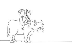 dessin d'une seule ligne heureux petit garçon et fille chevauchant une vache ensemble. enfants assis sur le dos de la vache avec selle dans le sol du ranch. les enfants apprennent à monter à cheval. vecteur graphique de conception de dessin en ligne continue