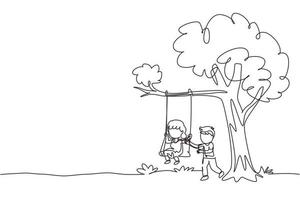 une ligne continue dessinant des garçons et des filles heureux jouant sur la balançoire des arbres. enfants joyeux en se balançant sous un arbre. enfants mignons jouant dans l'aire de jeux. illustration graphique vectorielle de conception de dessin à une seule ligne vecteur