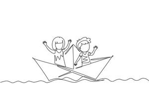 une seule ligne continue dessinant de mignons garçons et filles flottant sur un bateau en papier sur l'eau. heureux enfant souriant s'amusant et jouant au marin dans un monde imaginaire. illustration vectorielle de conception graphique d'une ligne vecteur