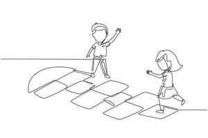 une seule ligne continue dessinant une petite fille et un garçon jouant à la marelle dans la cour de la maternelle. enfants heureux sautillant sur l'aire de jeux. terrain de hop scotch dessiné à la craie. une ligne dessiner vecteur de conception graphique