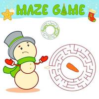 jeu de puzzle de labyrinthe de noël pour les enfants. labyrinthe circulaire ou jeu de labyrinthe avec bonhomme de neige de noël. vecteur