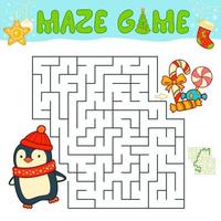 jeu de puzzle de labyrinthe de noël pour les enfants. labyrinthe ou jeu de labyrinthe avec pingouin de noël. vecteur