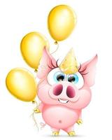 cochon fille avec ballons et bonnet d'anniversaire vecteur