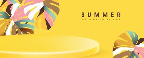 modèle de bannière d'affiche d'été pour la promotion avec affichage de produit jaune et feuille tropicale colorée vecteur
