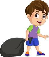 dessin animé petit garçon tenant un sac en plastique noir