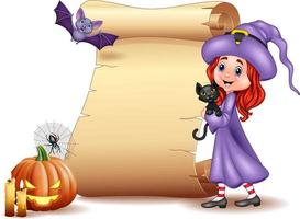 signe d'halloween avec petite sorcière, chauve-souris, araignée, bougies, citrouille et chat noir
