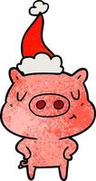 dessin animé texturé d'un cochon de contenu portant un bonnet de noel vecteur