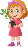 jolie petite fille tenant des plantes en pot vecteur