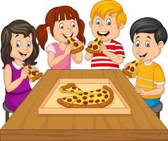 dessin animé enfants mangeant de la pizza ensemble vecteur