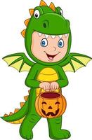 enfant de dessin animé avec costume de dragon halloween tenant un panier de citrouille vecteur