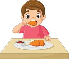 dessin animé petit garçon mangeant du poulet frit vecteur