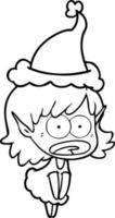 dessin au trait d'une fille elfe choquée portant un bonnet de noel vecteur