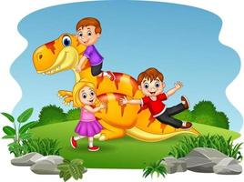 dessin animé petit enfant jouant sur le dinosaure vecteur