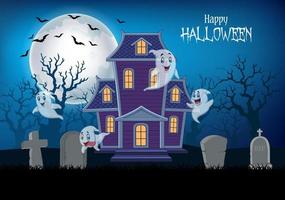 maison hantée et fantôme avec fond d'halloween vecteur