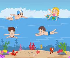 dessin animé enfants nageant dans l'océan tropical vecteur