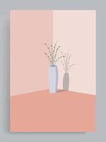 fond pastel minimaliste simple. un vase rempli de belles plantes ornementales se trouve dans le coin de la pièce sur un fond rose vif. adapté à la couverture du livre, à la bannière, à l'affiche, à la décoration. vecteur