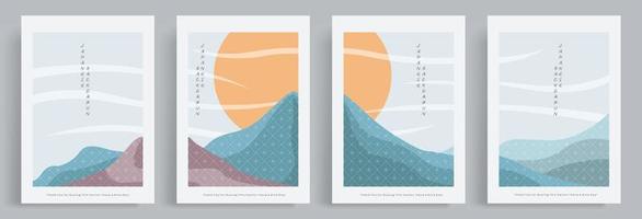 4 ensembles d'arrière-plans vectoriels pastel contemporains minimalistes. motif japonais. style asiatique de fond de montagne. scène du coucher du soleil. conception pour fond d'écran de médias sociaux, modèle de publication de blog, carte, affiche, couverture