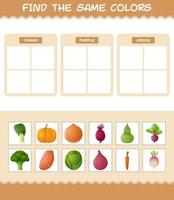 retrouver les mêmes couleurs de légumes. jeu de recherche et d'association. jeu éducatif pour les enfants d'âge préscolaire et les tout-petits vecteur