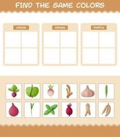 retrouver les mêmes couleurs de légumes. jeu de recherche et d'association. jeu éducatif pour les enfants d'âge préscolaire et les tout-petits vecteur