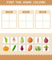 retrouver les mêmes couleurs de légumes. jeu de recherche et d'association. jeu éducatif pour les enfants d'âge préscolaire et les tout-petits vecteur