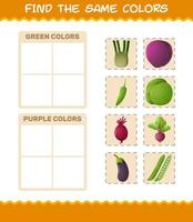 retrouver les mêmes couleurs de légumes. jeu de recherche et d'association. jeu éducatif pour les enfants d'âge préscolaire et les tout-petits vecteur