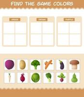 retrouver les mêmes couleurs de légumes. jeu de recherche et d'association. jeu éducatif pour les enfants d'âge préscolaire et les tout-petits vecteur