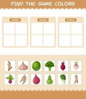 retrouver les mêmes couleurs de légumes. jeu de recherche et d'association. jeu éducatif pour les enfants d'âge préscolaire et les tout-petits vecteur