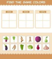 retrouver les mêmes couleurs de légumes. jeu de recherche et d'association. jeu éducatif pour les enfants d'âge préscolaire et les tout-petits vecteur