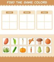 retrouver les mêmes couleurs de légumes. jeu de recherche et d'association. jeu éducatif pour les enfants d'âge préscolaire et les tout-petits vecteur