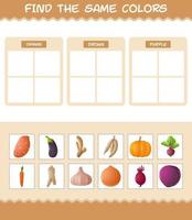 retrouver les mêmes couleurs de légumes. jeu de recherche et d'association. jeu éducatif pour les enfants d'âge préscolaire et les tout-petits vecteur