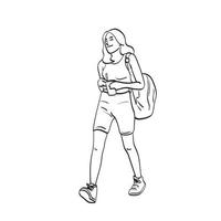 dessin au trait pleine longueur femme souriante marchant avec du café glacé à emporter dans la main illustration vecteur dessiné à la main isolé sur fond blanc