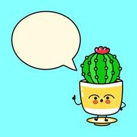 cactus drôle mignon avec bulle de dialogue. icône d'illustration de personnage de dessin animé kawaii dessiné à la main de vecteur. isolé sur fond blanc. concept de personnage de cactus vecteur