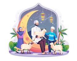 un père et ses enfants célèbrent la nuit de l'aïd al-adha avec les moutons. un musulman assis sur le croissant de lune tenant un agneau. illustration vectorielle dans un style plat vecteur