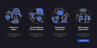 demande d'assurance moyens écran d'application mobile d'intégration en mode nuit. pages d'instructions graphiques en 4 étapes avec des concepts linéaires. ui, ux, modèle d'interface graphique. vecteur