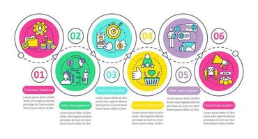 modèle d'infographie vectorielle crm. base de données clients. gestion des ventes. éléments de conception de présentation d'entreprise. visualisation des données, six étapes, option. graphique chronologique du processus. mise en page du flux de travail, icônes linéaires vecteur