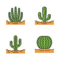 cactus sauvages dans le jeu d'icônes de couleur de sol. succulentes. plantes épineuses. cactus baril, saguaro, géant mexicain, cactus à tuyau d'orgue. illustrations vectorielles isolées vecteur