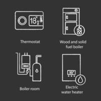 ensemble d'icônes de craie chauffante. thermostat numérique, chaudière à combustible solide, chaufferie, chauffe-eau électrique. illustrations de tableau de vecteur isolé