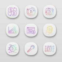 ensemble d'icônes d'application de crypto-monnaie bitcoin. interface utilisateur ui ux. échange de bitcoins, fintech, tableau de croissance du marché, logiciel de minage, portefeuille numérique, clé, code binaire. illustrations vectorielles isolées vecteur