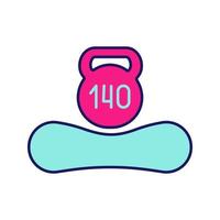 limite de poids maximum jusqu'à 140 kg icône de couleur. recommandation de poids de matelas par personne de cent quarante kilogrammes. dormeur masse convenable. matelas et kettlebell. illustration vectorielle isolée vecteur